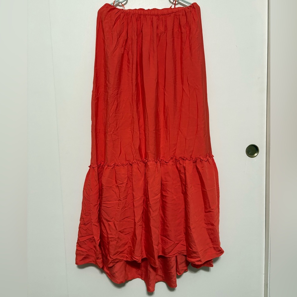 Anthropologie Strapless Tiered Ruffled Maxi Dress Coral Orange M - Picture 2 of 8